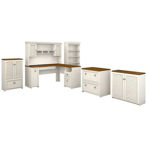 Bush Fairview L Shaped Desk Office Set In Antique White Com Departments
