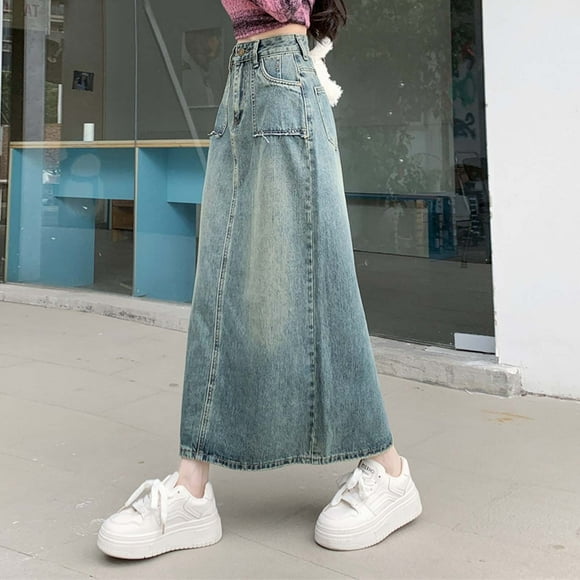 WILLBEST Wedding Guest Dresses for Women Fall 2024 High Waisted Hem Split Front Blue Denim Skirt for Women