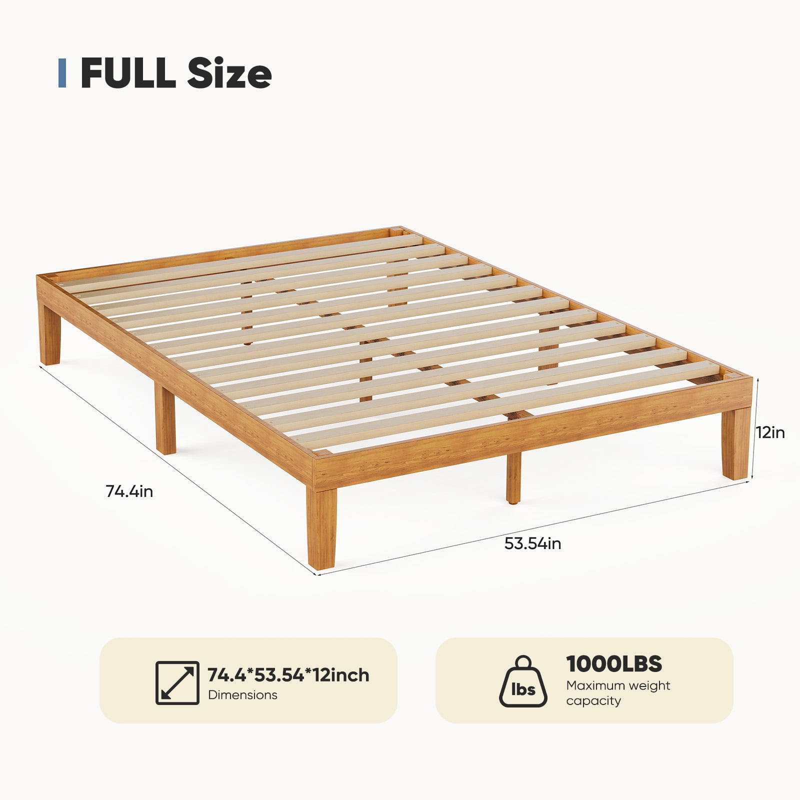 Solid Wood Bed Frame, Bed Base with Wood Slat Support, No Box Spring Needed，Full Size