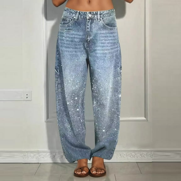 Women’s Casual Rhinestone Straight Leg Jeans Baggy Distressed Denim Pants (Light Blue XXXL)