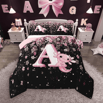 Manfei Girls Pink Monogrammed Bedding Comforter Set 2pcs, Personalized Letter A Twin Comforter Sets, Kawaii Axolotl Cherry Blossoms Bedding Set, Super Cozy Room Decor