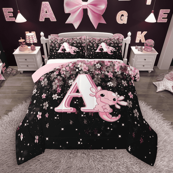 Manfei Girls Pink Monogrammed Bedding Comforter Set 2pcs, Personalized Letter A Twin Comforter Sets, Kawaii Axolotl Cherry Blossoms Bedding Set, Super Cozy Room Decor