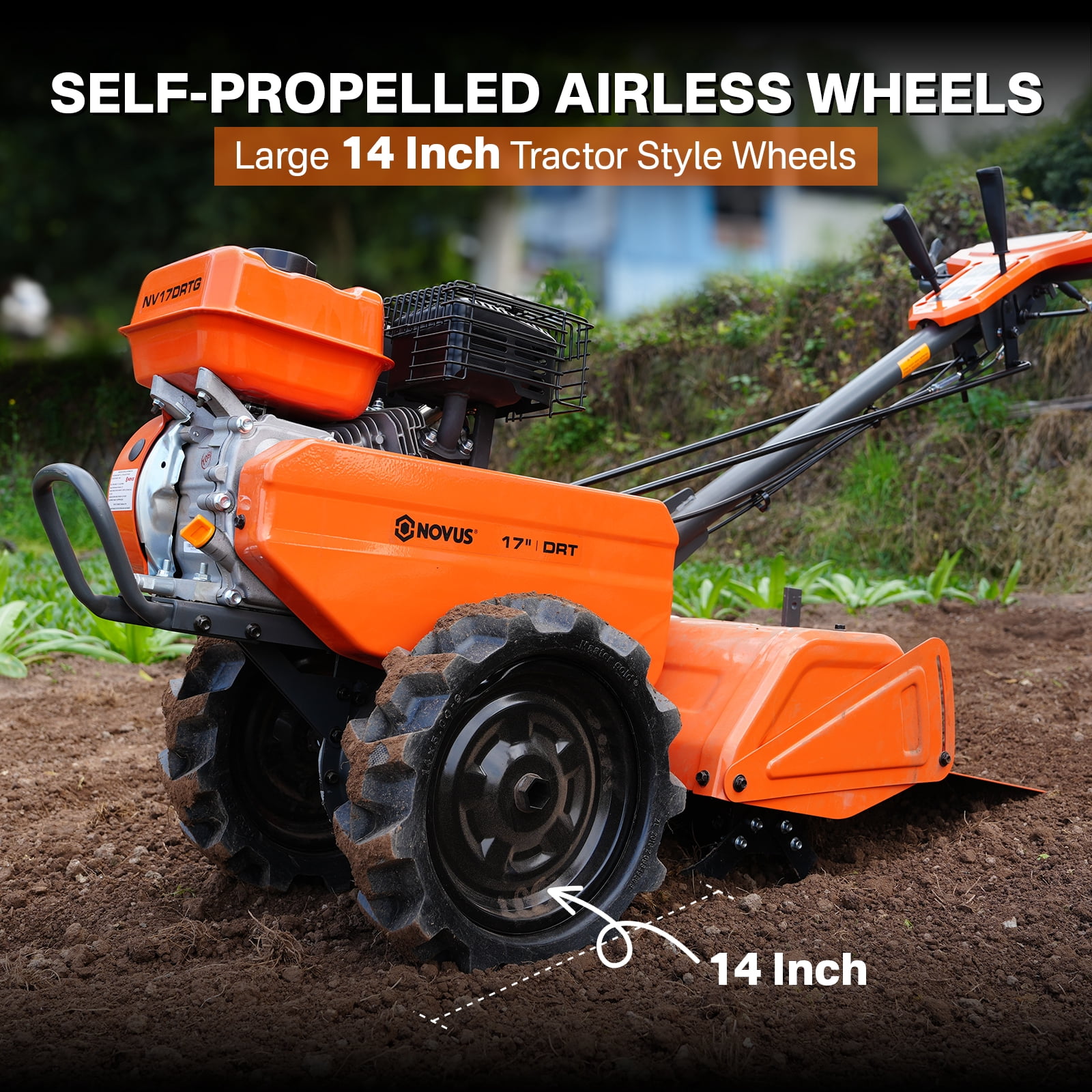 NOVUS 17 Inch Dual Direction Rear Tine Tiller, 212CC 4 Cycle Gas Engine, Independent Control Panel , Instant Reverse Power Tiller with 14” Tires, Gas Tiller for Gardening