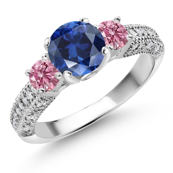 Gem Stone King 925 Sterling Silver Blue Created Sapphire Pink Lab Grown Diamond and White Moissanite Engagement Ring for Women (2.18 Cttw, Gemstone September Birthstone, Round 7MM and 4MM, Size 5)