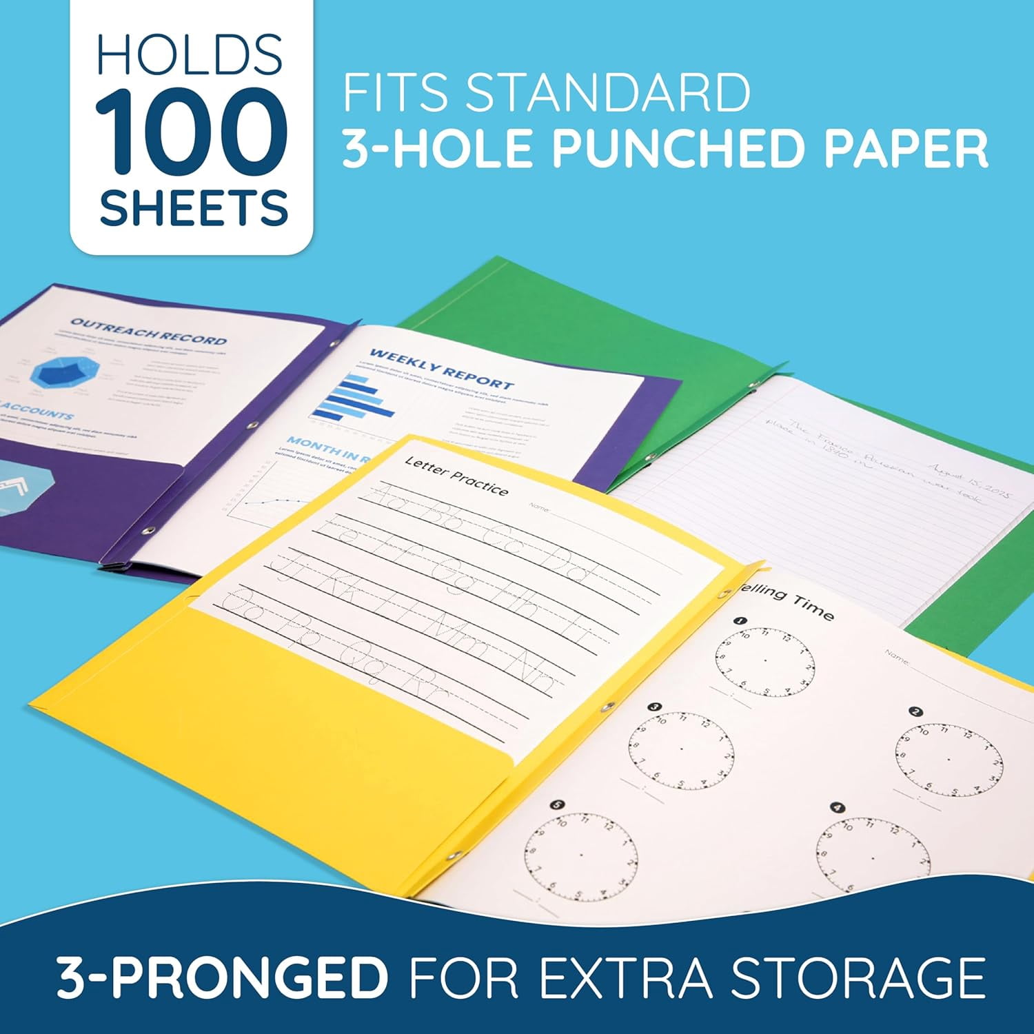 100 Paper Two Pocket Folders with Prongs, 2 Pocket Folders Bulk 100 Pack, Assorted 5 Colors, 3 Prongs for Letter Size Paper, Designed for Office and Classroom
