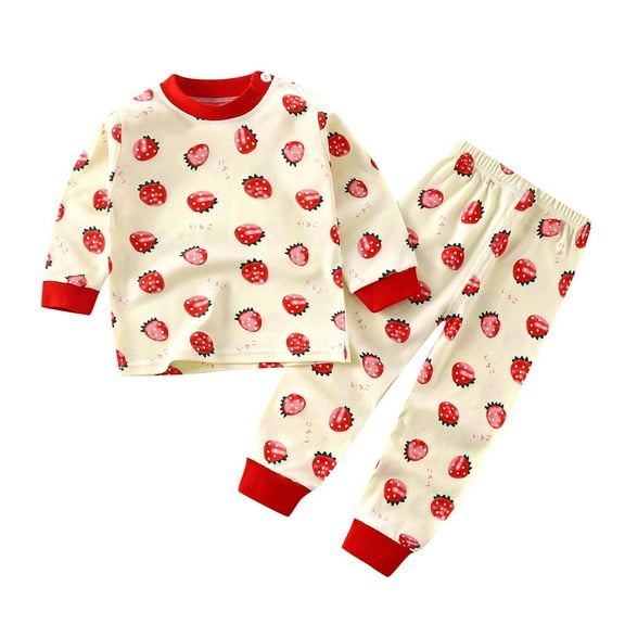 WRKEKC Kids Thermal Underwear Set 0-4 Years Girls Cotton Strawberry Print Crew Neck Top and Elastic Waist Pants Two-Piece Fall and Winter Set