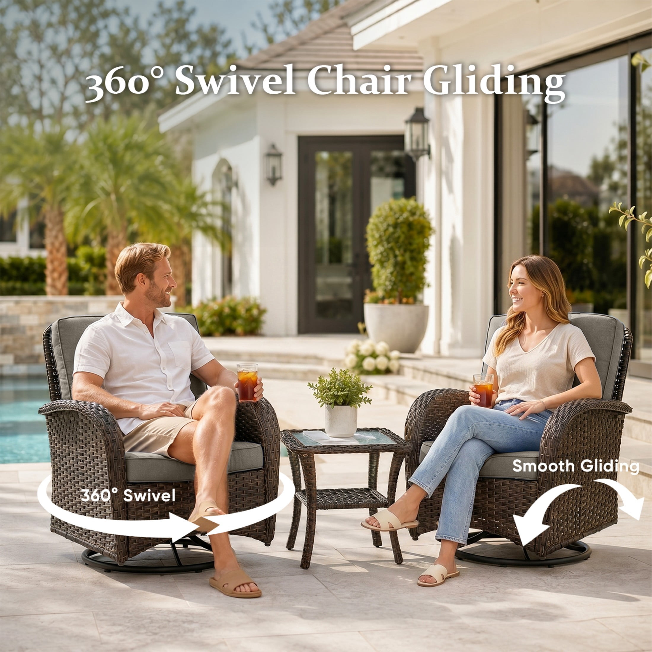Unnifurnzi 6 Pieces Patio Bistro Set Outdoor Swivel Rocker Patio Chairs with Side Table Patio Furniture for Deck Porch Garden Balcony Poolside-Brown/Gray