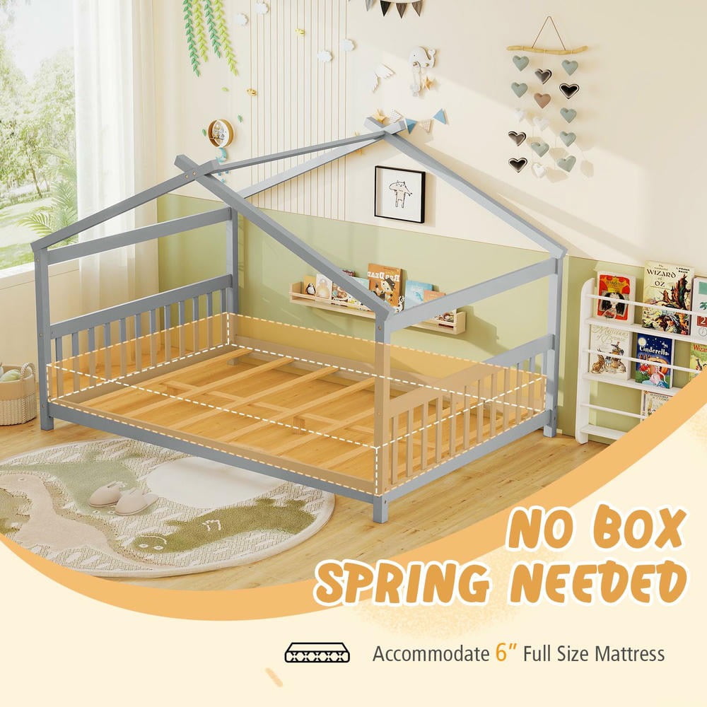 Barara King Full Size House Bedroom Bed Frame with Headboard, Montessori Floor Bed Platform Frame for Apartment, Bedroom, Gray