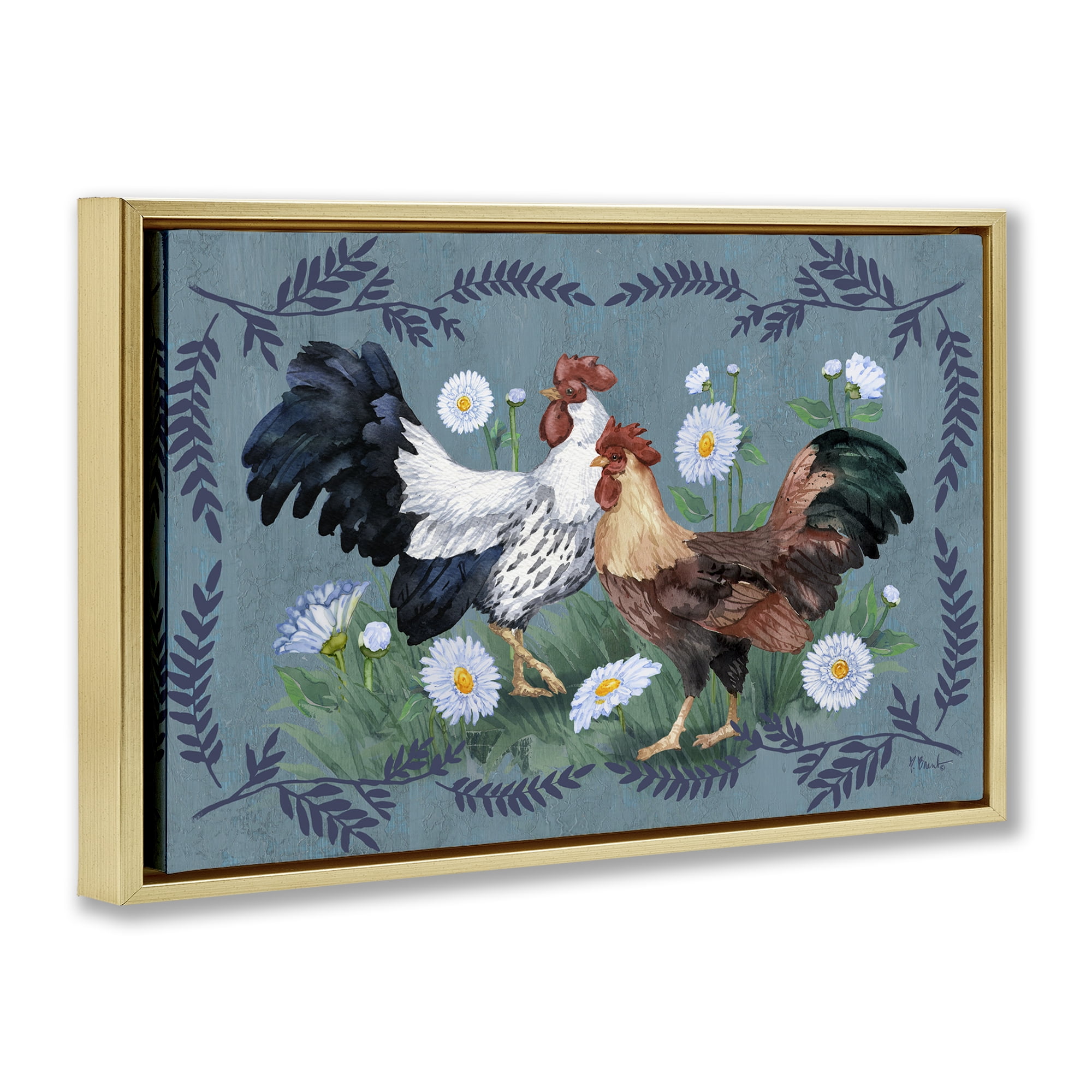 Stupell Industries Roosters with Fern Trim Animals & Insects Painting Gold Floater Framed Canvas Art Print Wall Art, 31 x 21