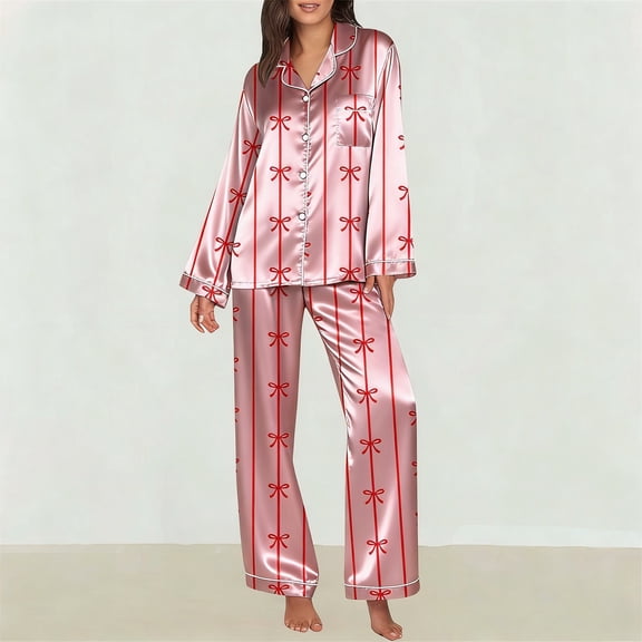 WCJM Slip Valentine Silk Pajamas for Women Bow Pajamas Satin Pajama Set 2 Piece Sets Button Down Shirts Wide Leg Pants Cutewomen Pajama Sets