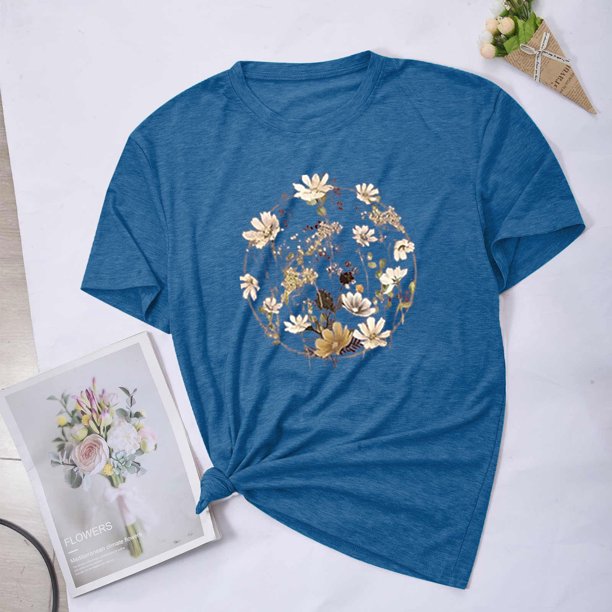 Fiudx Liquidación de Ahorros de Verano Blusas con Estampado de Flores Pequeñas para Mujer Top de Manga Corta con Cuello Redondo