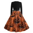 thumbnail image 4 of Halloween Dresses for Women Bat Hepburn V-Neck Spooky Tea Length Dress Spider 1950s Long Sleeve Vintage Dresses with Belt 2XL, 4 of 7