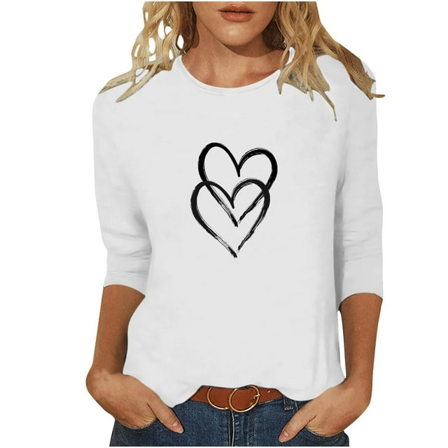 Plebaso Hauts Cœur pour Femmes Manches 3/4 Col Rond T-Shirts Décontractés Imprimé Pull Femmes 2025 Tee Blouses