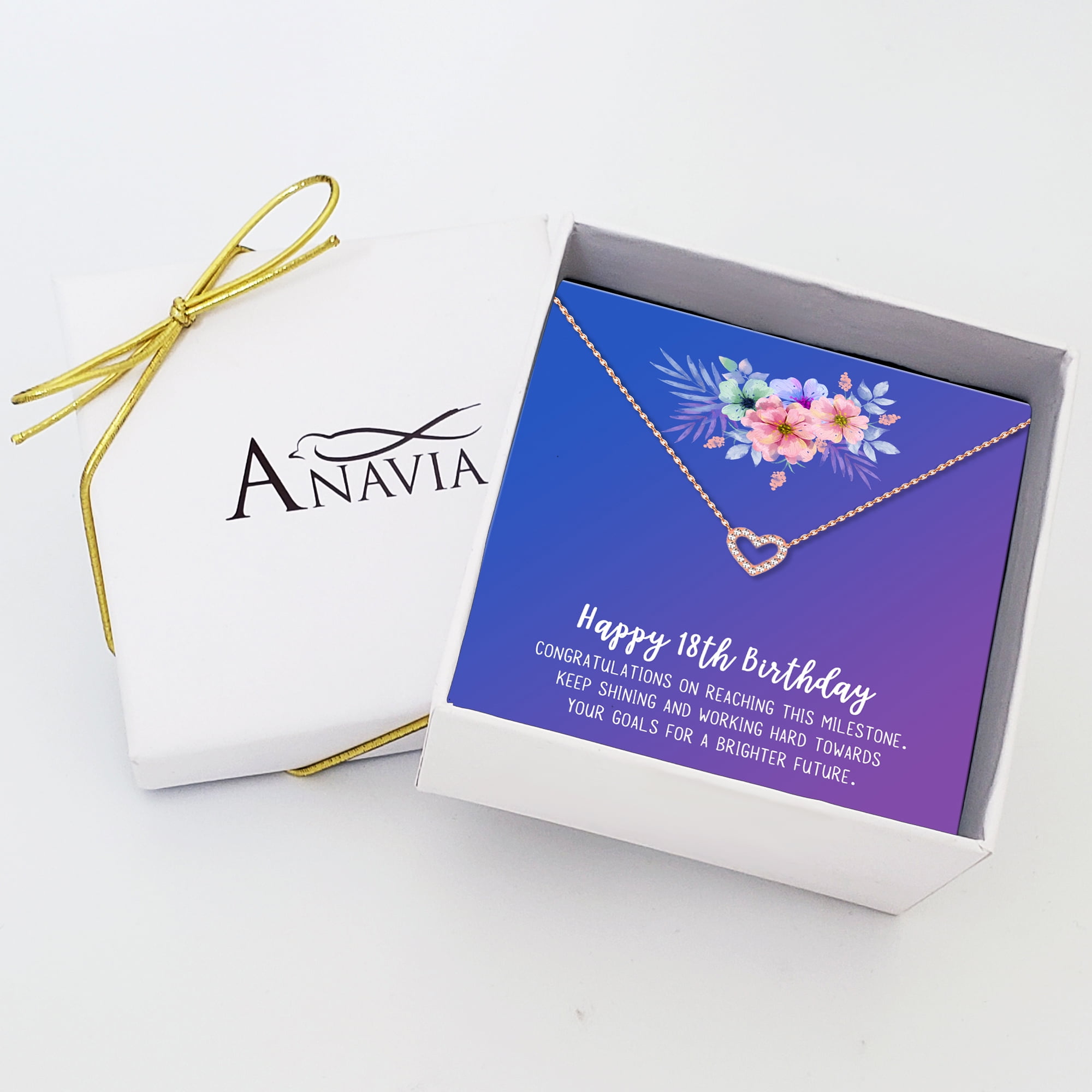 Anavia Happy 18th Birthday Gifts Stainless Steel Fashion Necklace Birthday Card Jewelry Gift for Girl, Birthday Gift for Daughter-[Rose Gold Mini Crystal Heart, Blue-Purple Gift Card]