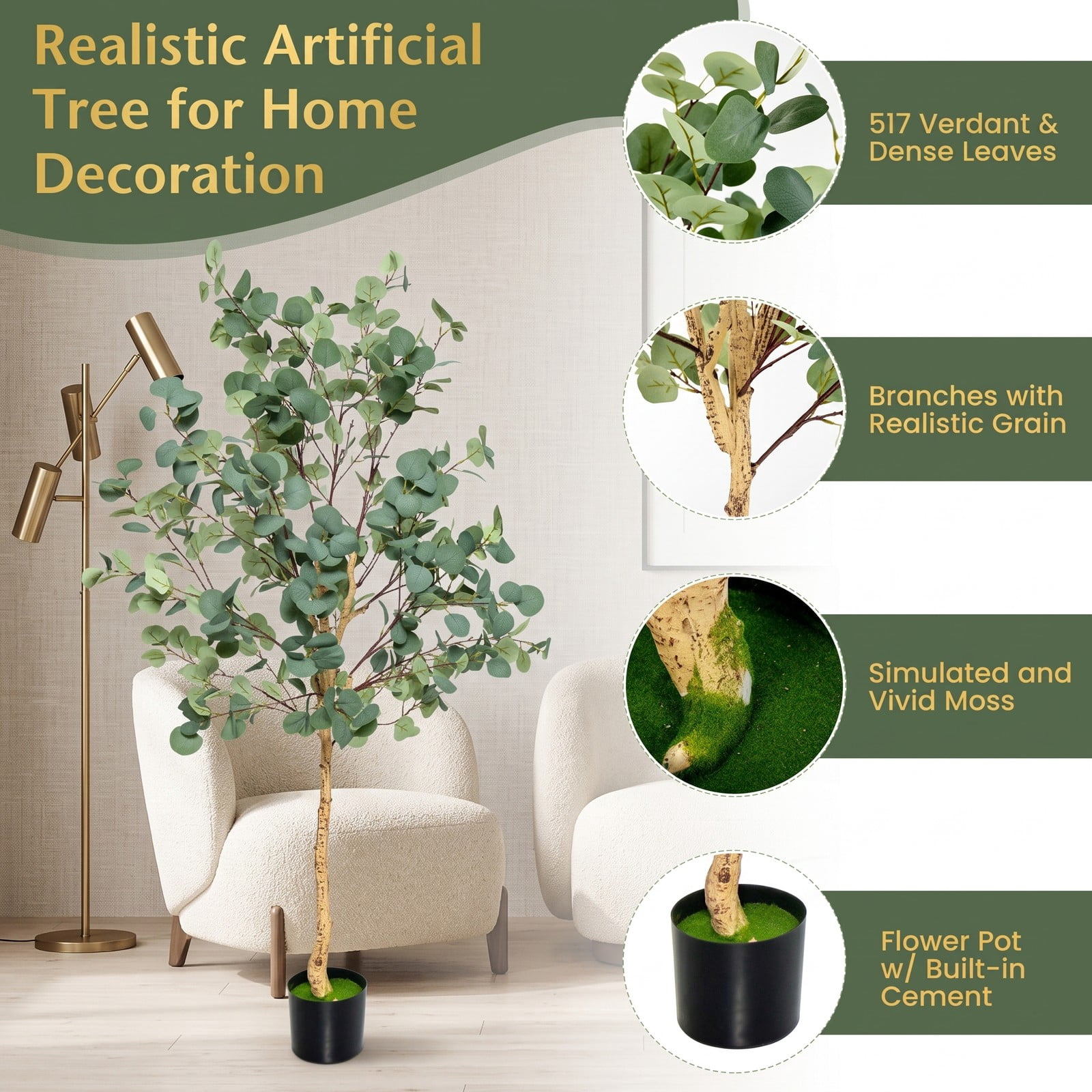 ALPULON 5.5 FT Artificial Eucalyptus Tree Set of 2, Faux Silver Dollar Tree with 517 Leaves and Cement Pot, Tall Fake Plant for Indoor Home Office Living Room, Green