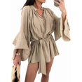 thumbnail image 2 of Women'S Layered Bell Sleeve Tie Neck Mini Dresses Ruffle Belted Tunic Dress Khaki M, 2 of 8