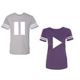 thumbnail image 1 of Play Pause Unisex Couple Matching Cotton Jersey style T-Shirt Contrasting stripes on sleeves (Men Heather / Women Purple) (Men S / Women L), 1 of 3