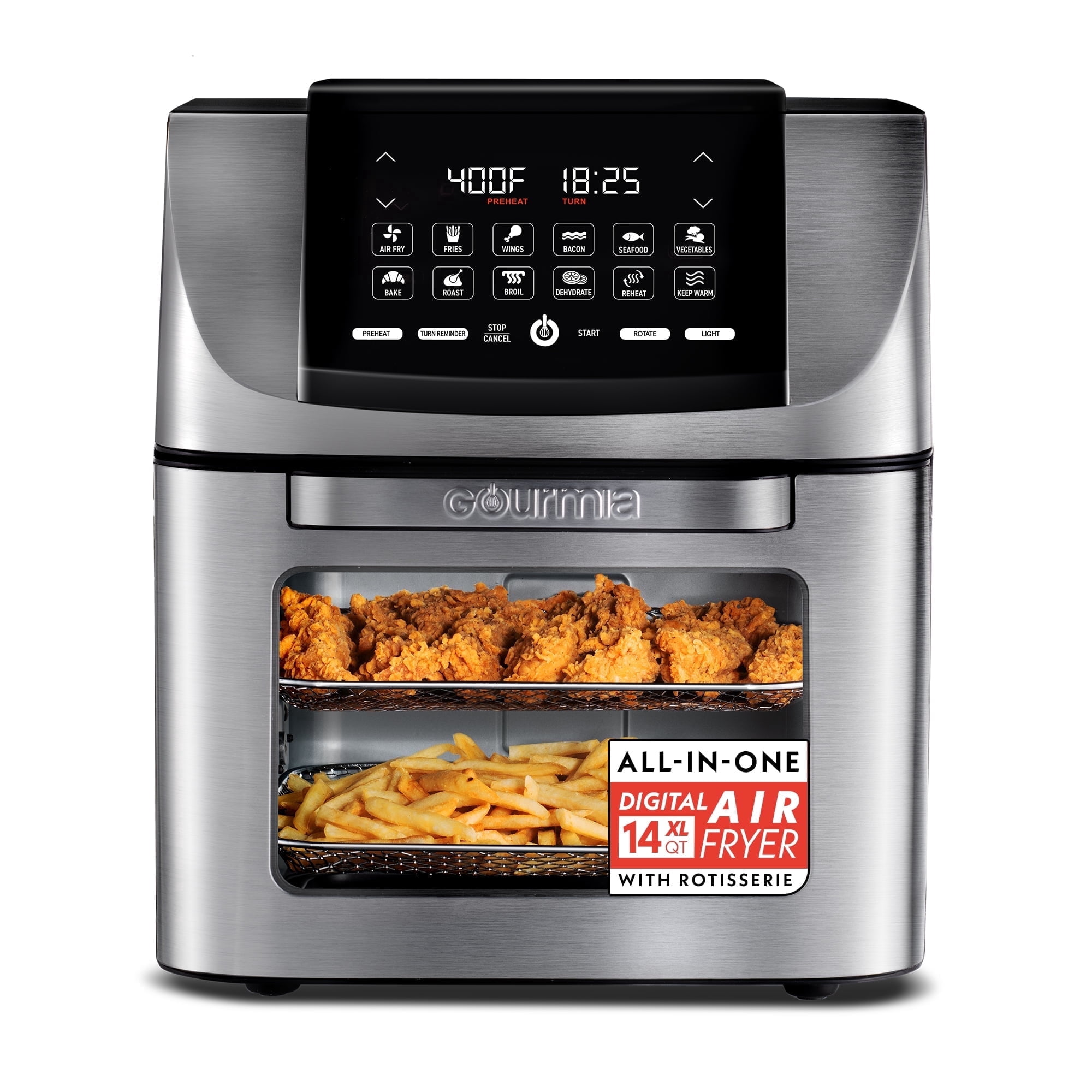 Gourmia 14 Qt Air Fryer Oven, 12 Presets, Rotisserie, FryForce 360°, Stainless Steel