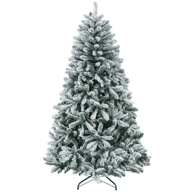 HOMCOM 6ft Flocked Artificial Christmas Tree with Metal Stand, Hinged Tips