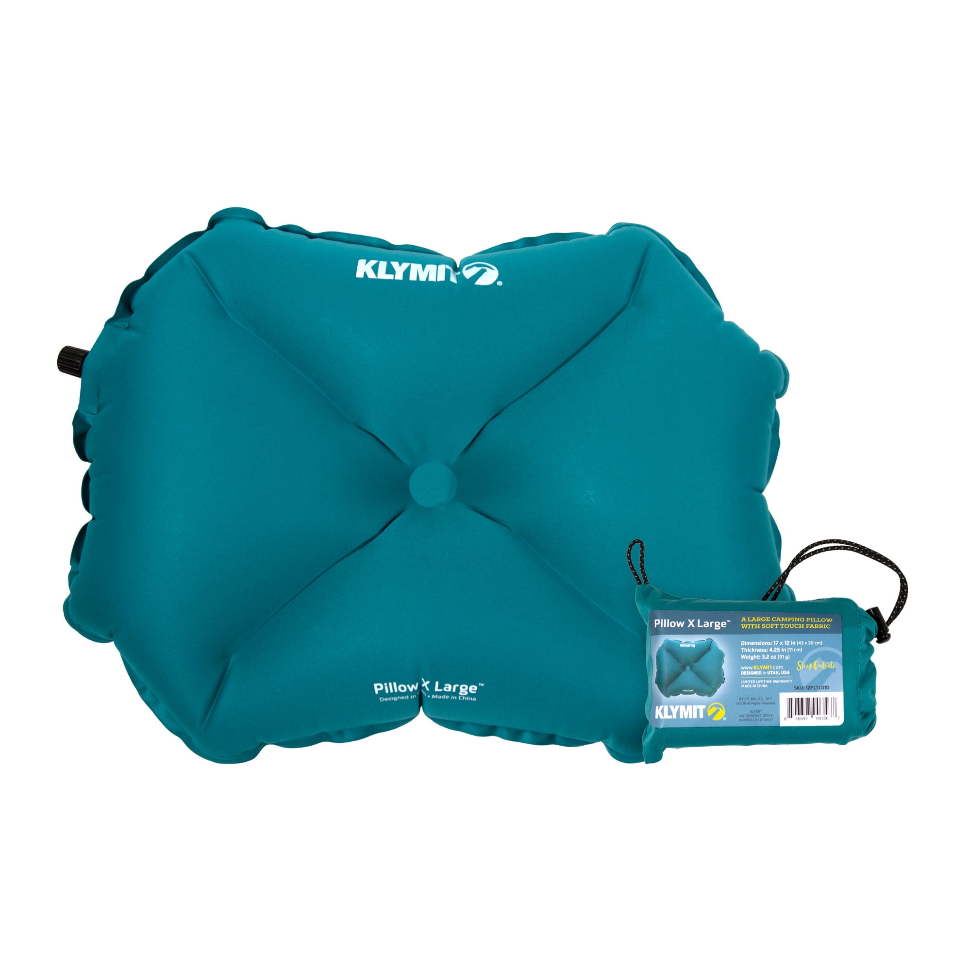 Klymit Pillow X Large Durable Inflatable Camping Travel Pillow, Teal