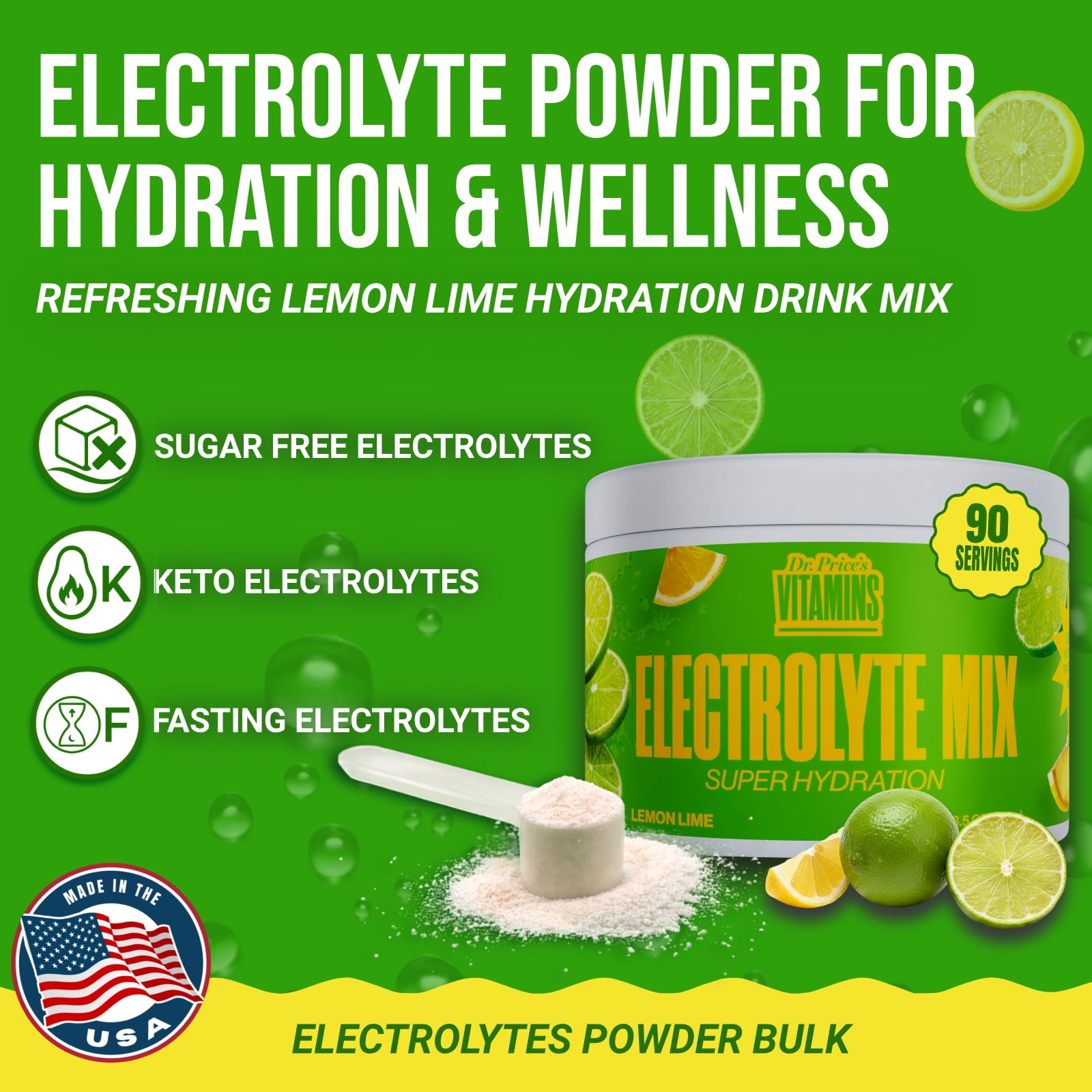 Dr. Price’s Electrolyte Mix – Lemon Lime Flavor, 90 Servings | Sugar-Free Hydration Powder with Trace Minerals | Gluten-Free, No Sugar