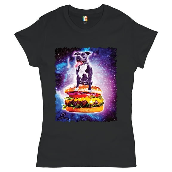 Tee Hunt Pit Bull Riding a Burger Flying Through Galaxy T-Shirt Funny Pet Women's T-Shirt Tee