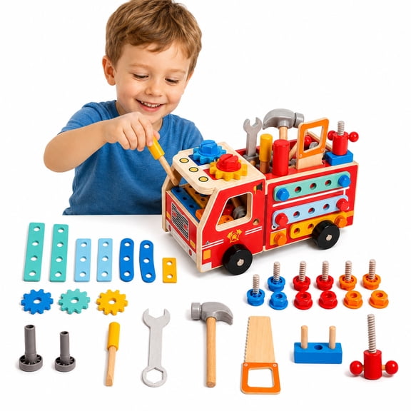 SOMNR 32-Piece Wooden Tool Box Toy, Car-Shaped Montessori Pretend Play Workbench with Hammer, Screwdriver, Saw, Nuts and Bolts for Kids Ages 3-5