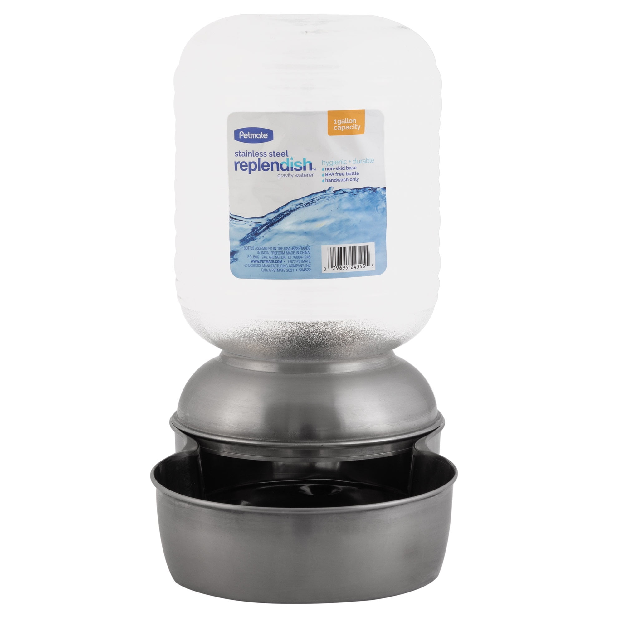 Petmate Stainless Steel Replendish Gravity Pet Waterer Dishwasher Safe Non Skid Base Water Bowl for Cats & Dogs, Small 1-Gal Capacity, Silver