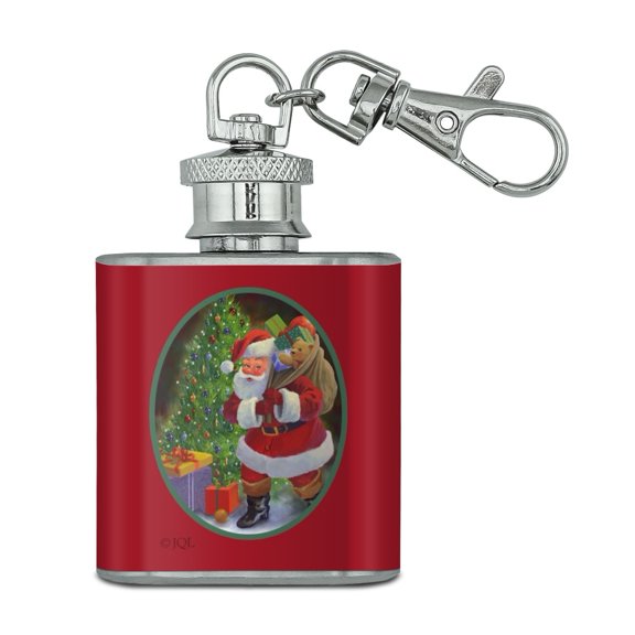 Christmas Holiday Santa Bag of Toys Tree Stainless Steel 1oz Mini Flask Key Chain