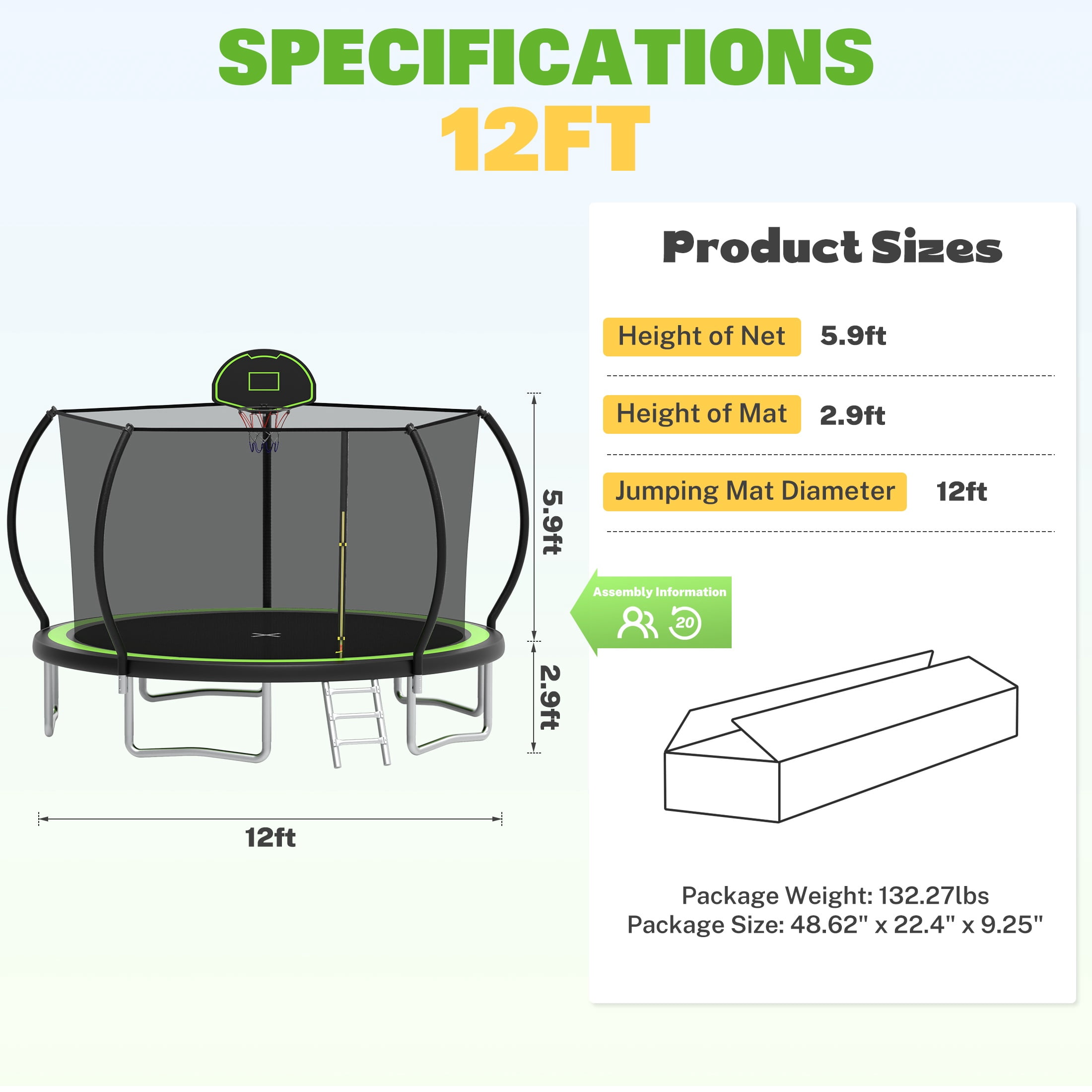 12FT Trampoline for Kids and Adults with Safe Enclosure Net, SEGMART Round Recreational Trampoline with Basketball Hoop, Upgrade Outdoor Trampoline with Ladder for Backyard Park