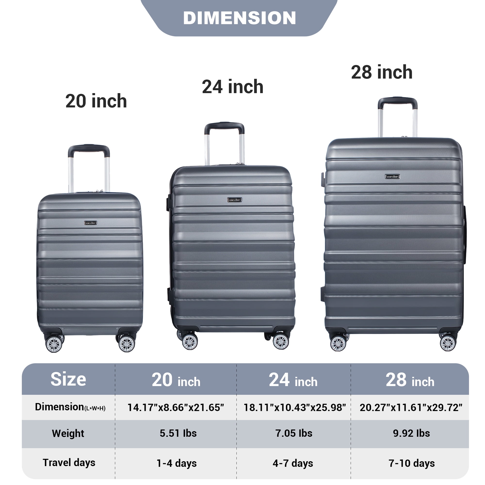 Tripcomp Hardside Luggage Set 3-Piece Set(21/25/29) Lightweight Suitcase 4-Wheeled Suitcase Set(Grey)