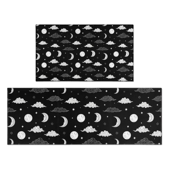 Black White Cloud Moon Star Pattern Kitchen Rugs Sets Of 2,Anti Fatigue Kitchen Mat Rugs Non Slip Washable,Decorative Kitchen Floor Mats for Kitchen,Sink,Laundry,17"x30" 17"x47"