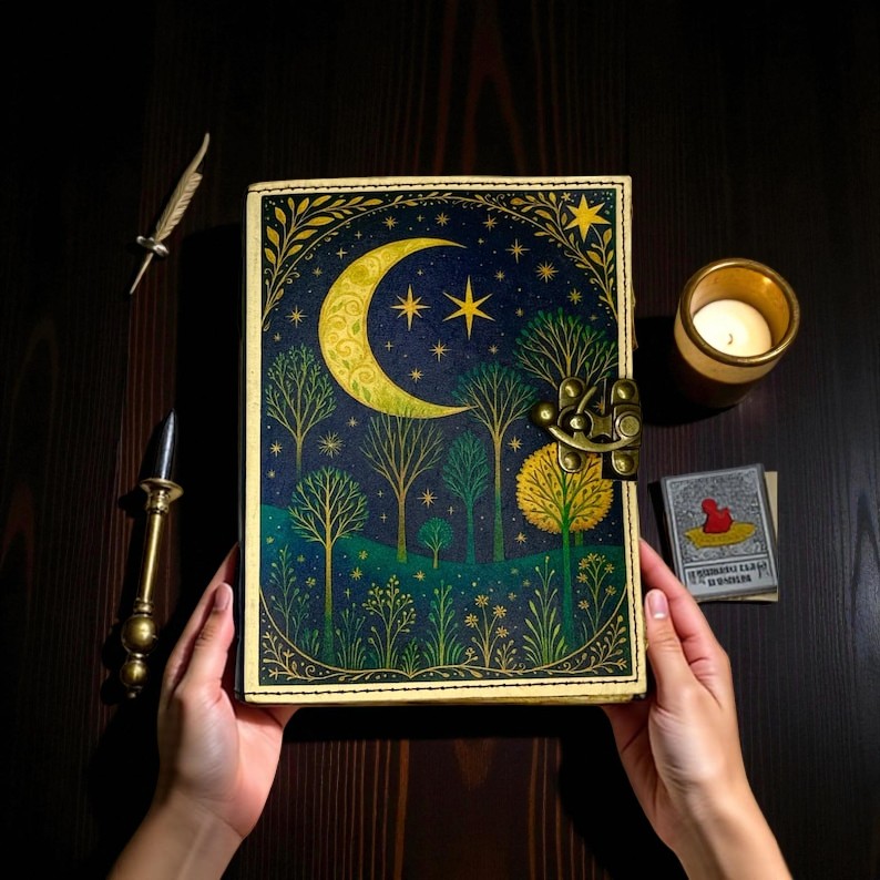 Leather Moon Tree Witchcraft Journal – Handmade 5x7 Inch Grimoire, 200 Deckle Pages, Wiccan Pagan Spellbook, Witchy Notebook