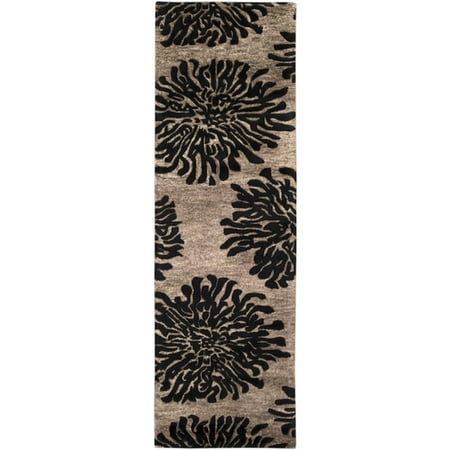 - 2.5' x 8' Bombay Chrysanthemum Espresso and Chocolate Brown Wool Area Throw Rug