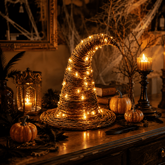 Clearance Halloween Witch Hat Glowing Decor, 11.81 Inch Wood LED Witch Hat Lamp, Warm Light Tabletop Centerpiece for Mantel Shelf Party