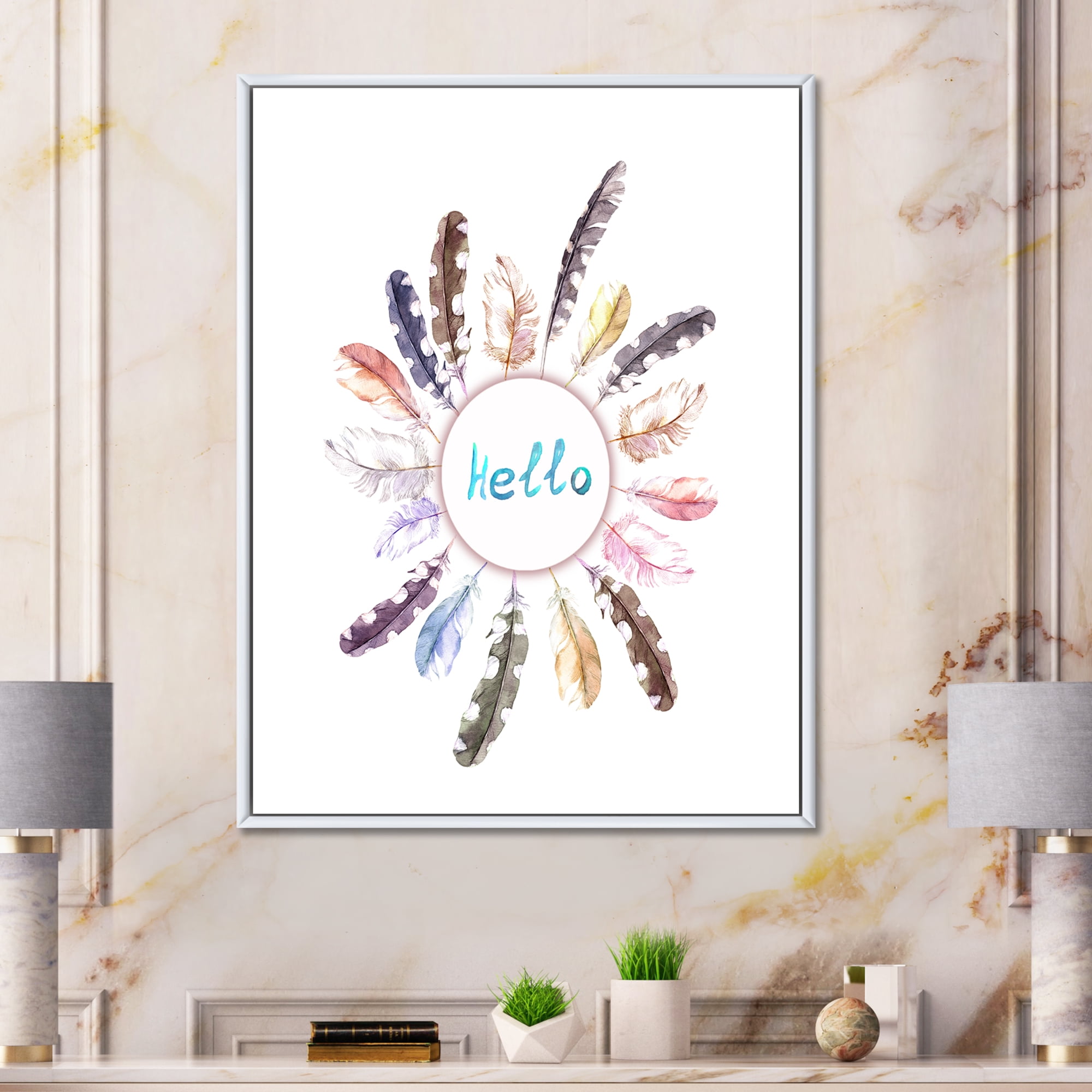 Designart 'Ancient Round Wreath With Birds Feathers' Bohemian & Eclectic Framed Canvas Wall Art Print