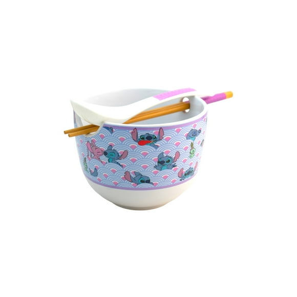 Bowl Ramen con Palillos y Cuchara, Cerámica, Diseño Stitch Kawaii para Fideos, Sopas y Snacks, Disney Clásicos, Capacidad 592 ml