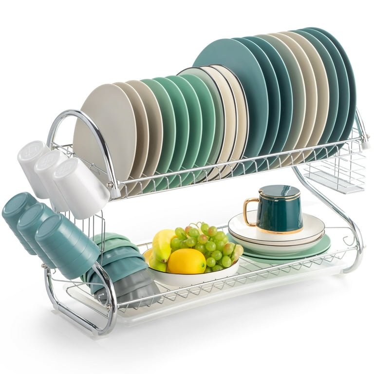 Clastyle 2 Tier Gold Green Dish Drying Rack with Drainboard