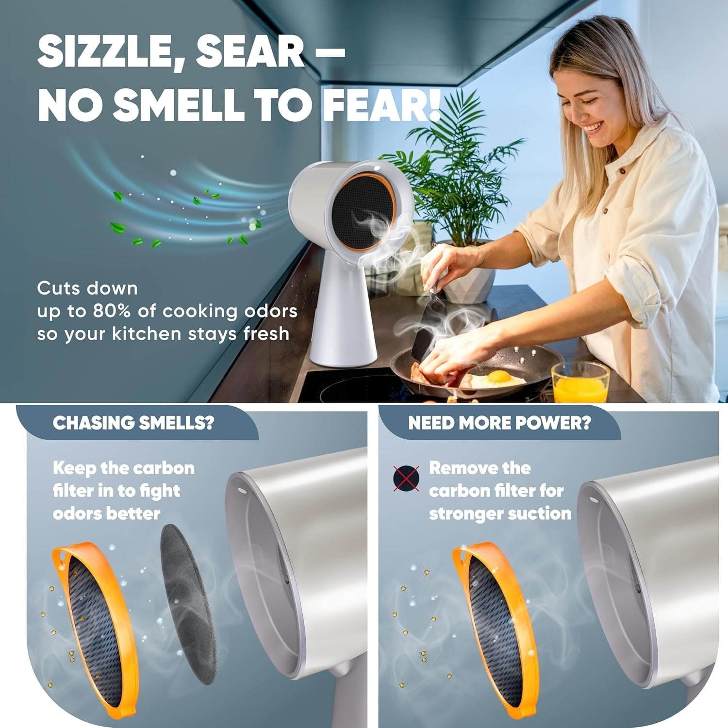 Portable Range Hood Kitchen - Powerful 3-Speed Suction Desktop Compact Range Hood - 2x Triple Filters - 2x Carbon Filters - Original Low Noise Kitchen Exhaust Fan with Large Oil Collection Cup