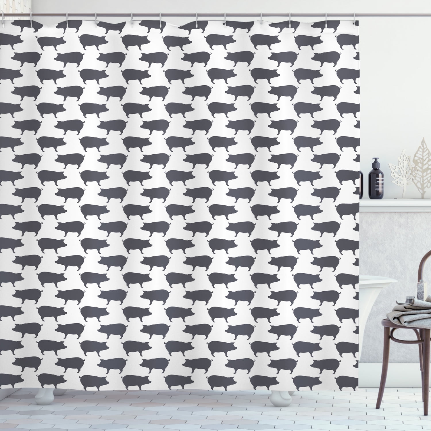Pig Shower Curtain, Continuous Pig Animal Silhouette Pattern Domestic