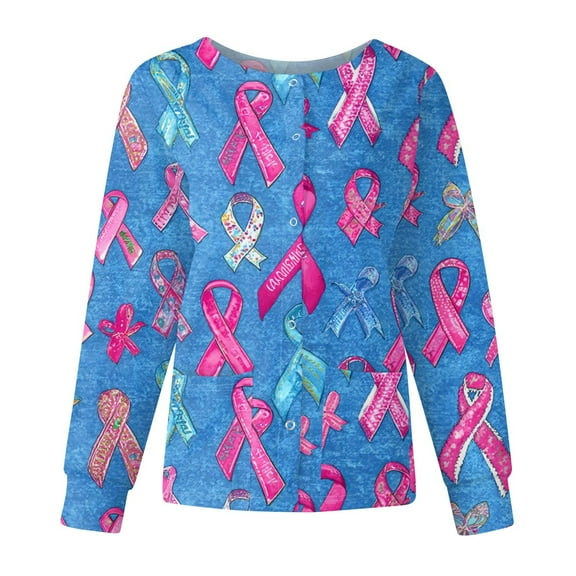 Breast Cancer Awareness Scrubs Jackets for Women Long Sleeve Pink Ribbon Printed Shirts Breast Cancer Support Scrub Jackets Working Uniforms with Pockets