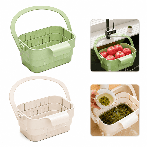 2PCS Foldable Hanging Sink Drain Basket, Cuopluber Stretchable Kitchen Colander with Flip Cover, Space Saving Faucet Storage Rack, Food Strainer for Fruits, Vegetables, Utensils, Green & White