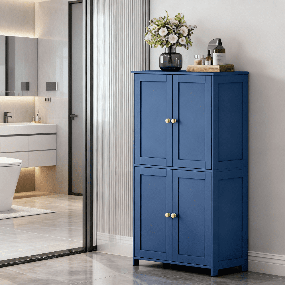 LEDREM Bathroom Storage Floor Cabinet Organizer with Adjustable Shelf 4 Magnetic Doors Freestanding for Living Kitchen Room Small Spaces,Blue