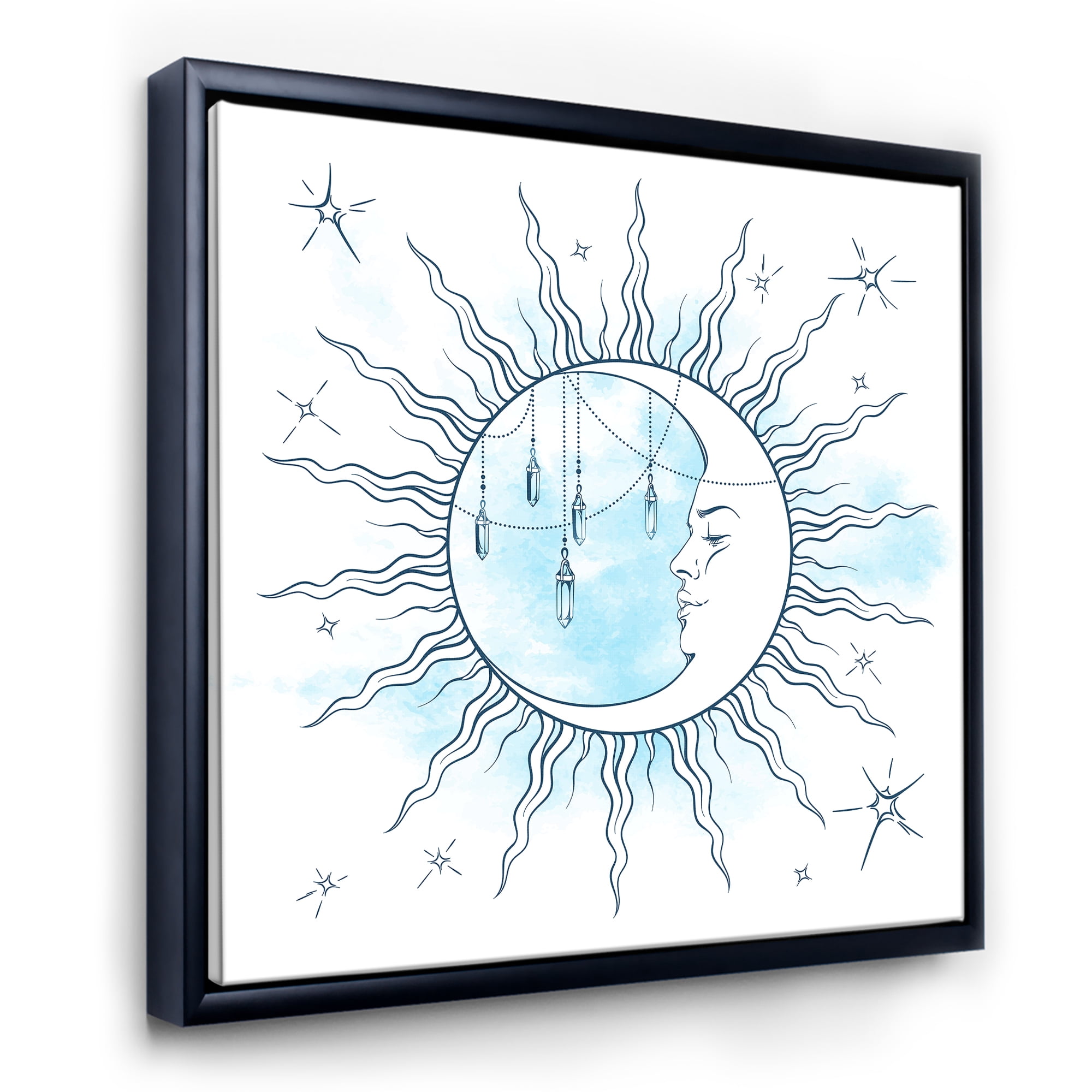 Designart 'Blue Crescent Moon With Stars and Moonstone Pendants' Bohemian & Eclectic Framed Canvas Wall Art Print