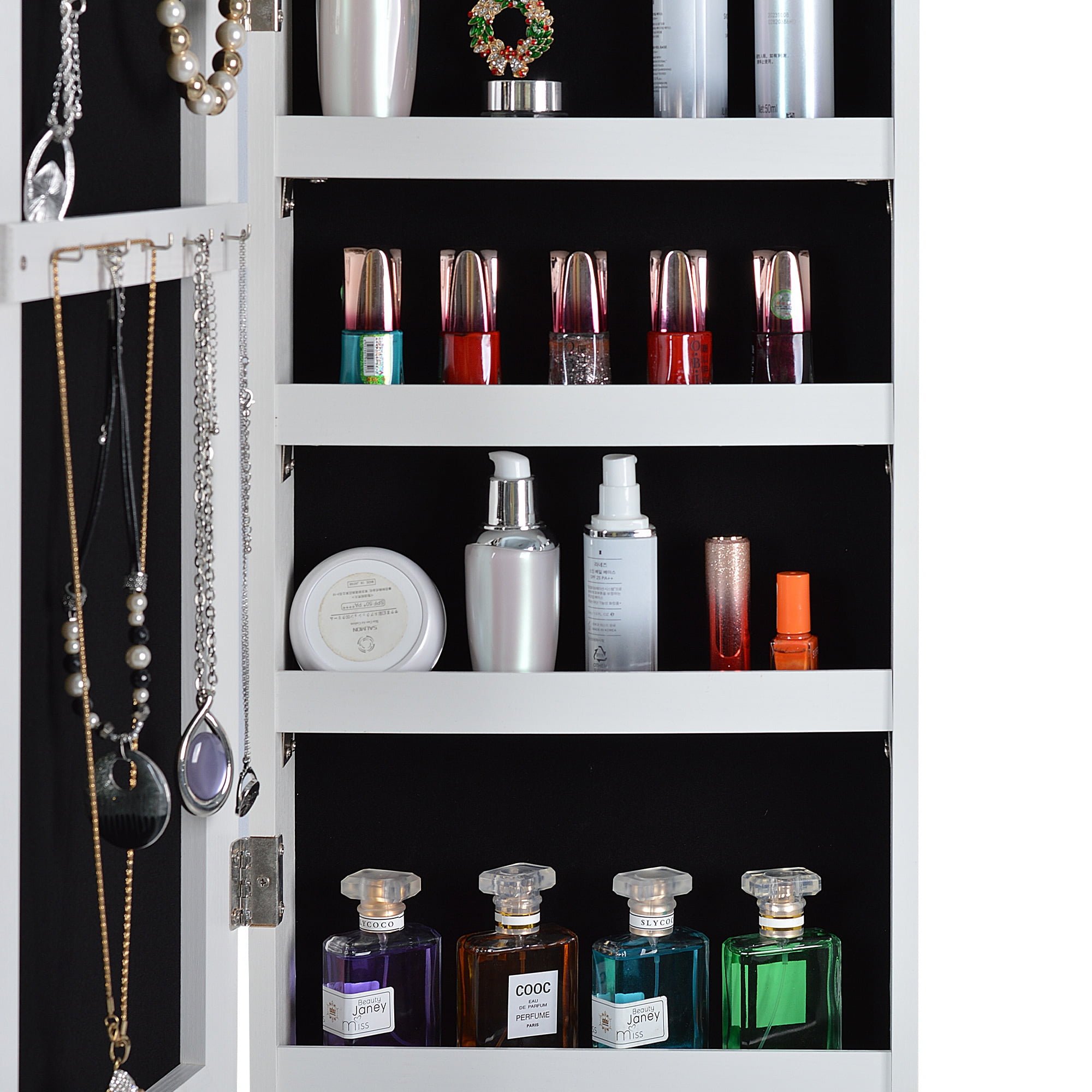 Resenkos Wall Door Mounted Jewelry Armoire Mirror with LED Light, Simple Lockable Jewelry Storage Organizer White Resenkos Wall Door Mounted Jewelry Armoire Mirror with LED Light, Simple Lockable Jewelry Storage Organizer White