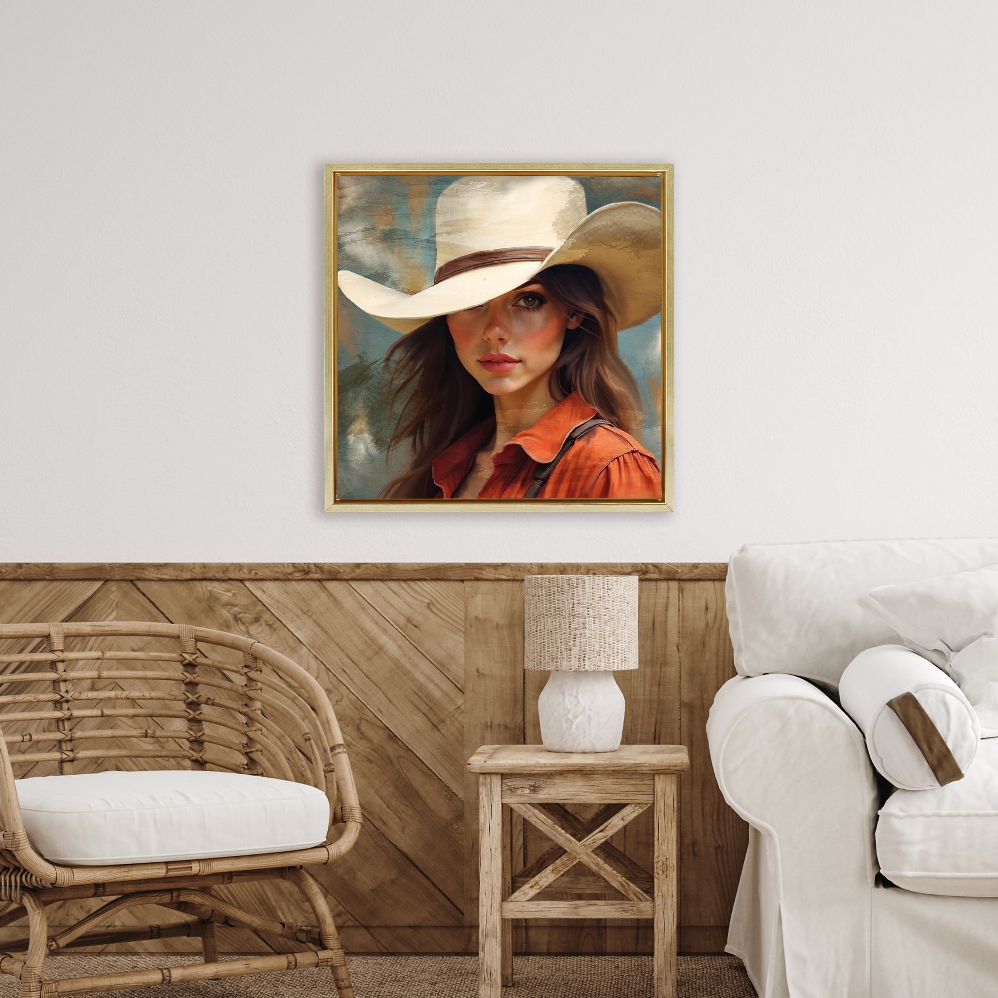 Cowgirl Gaze Beneath Hat Gold Framed Floater Canvas Wall Art, design by Kim Allen