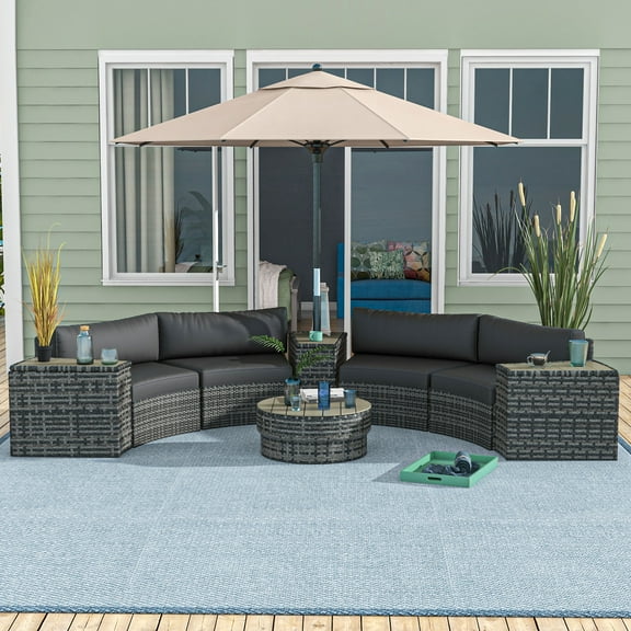 Outsunny 8pc Patio Furniture Set with Sofa, Chair, Umbrella Hole, Gray