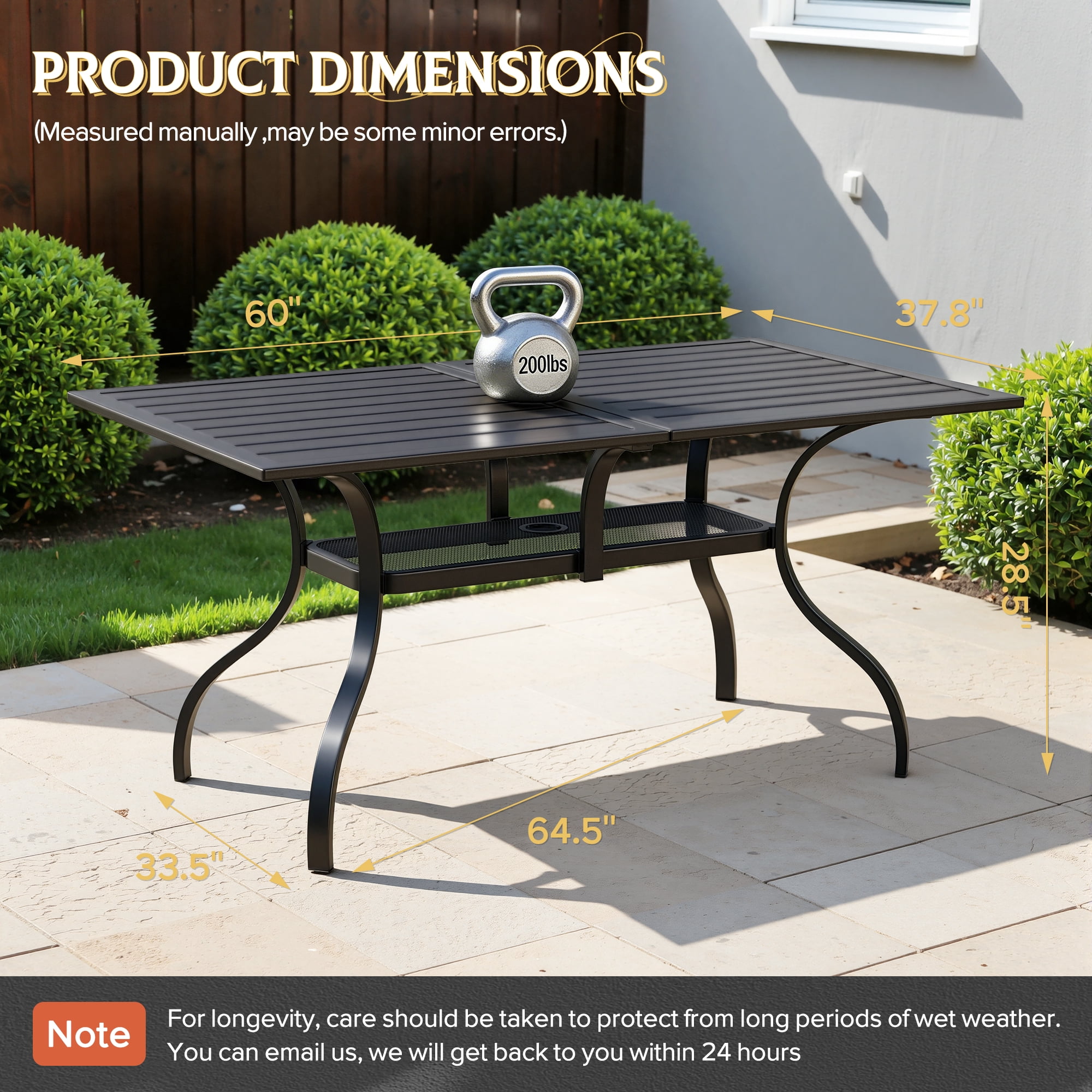 SOLAURA Outdoor Dining Table, 60" x 37"Outdoor Rectangular Metal Table with 1.57" Umbrella Hole, for Backyards, Porches, Gardens or Poolside, Black