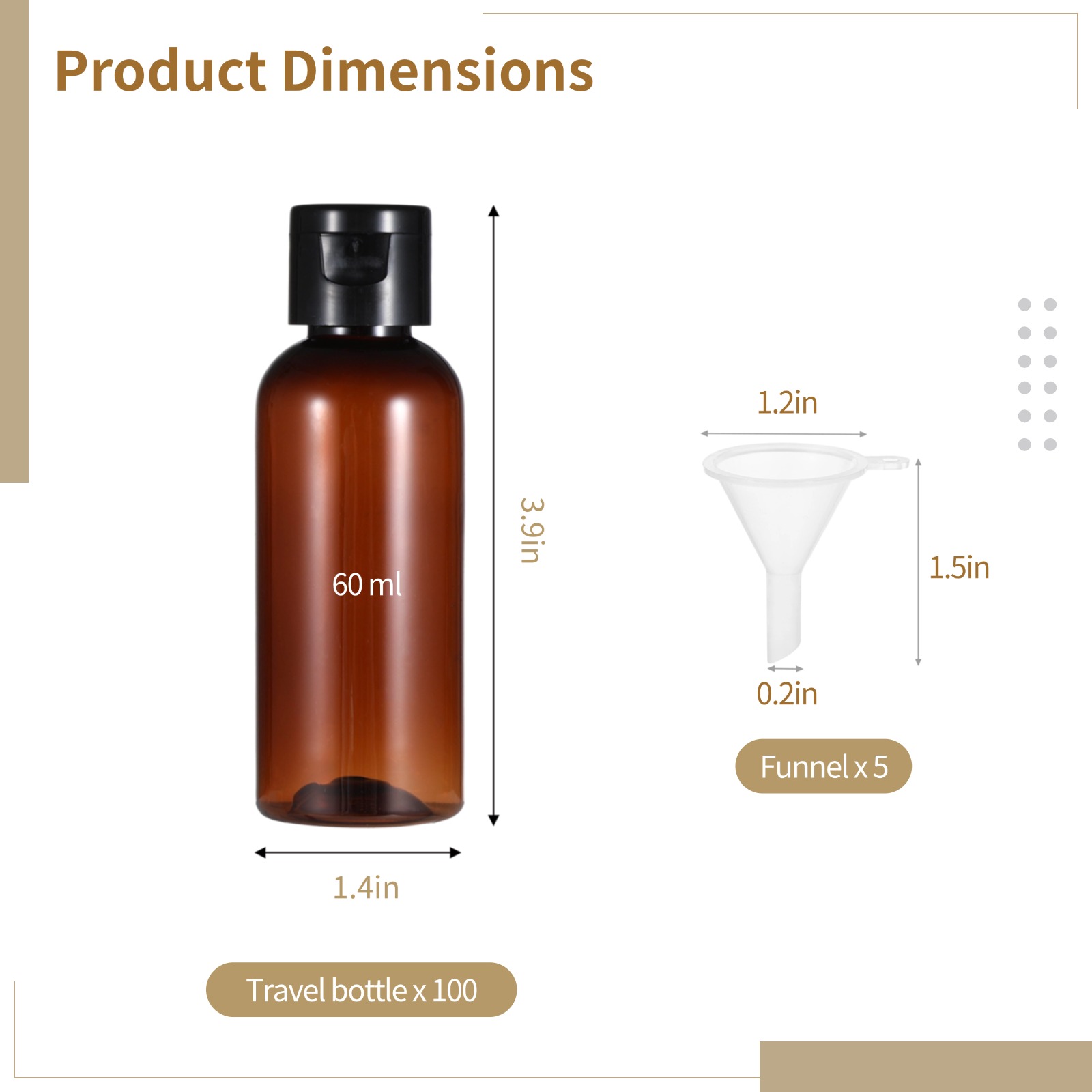 100 PCS 60ml Travel Bottles, Flip Cap Leak-Proof Brown Plastic Containers with Funnels, Refillable Toiletry Bottles for Shampoo & Lotion