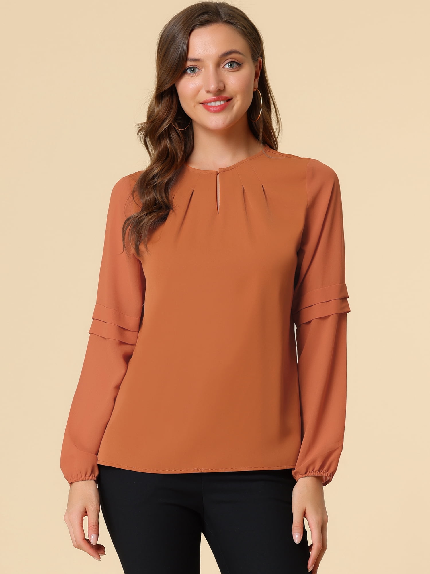 DARING DIVA Chiffon Semi Sheer Long Sleeves Keyhole Neck Blouse XL Orange